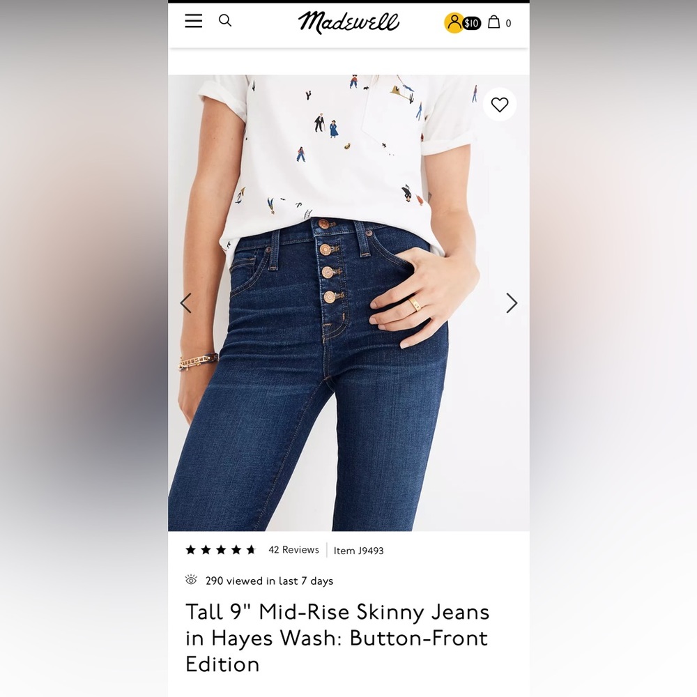 Madewell 9” Dark Skinny Jean Button Front